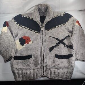 Vintage Beagle Knit Sweater Cowichan Cardigan Cowl Zip 60s L Grey Hunting Dog